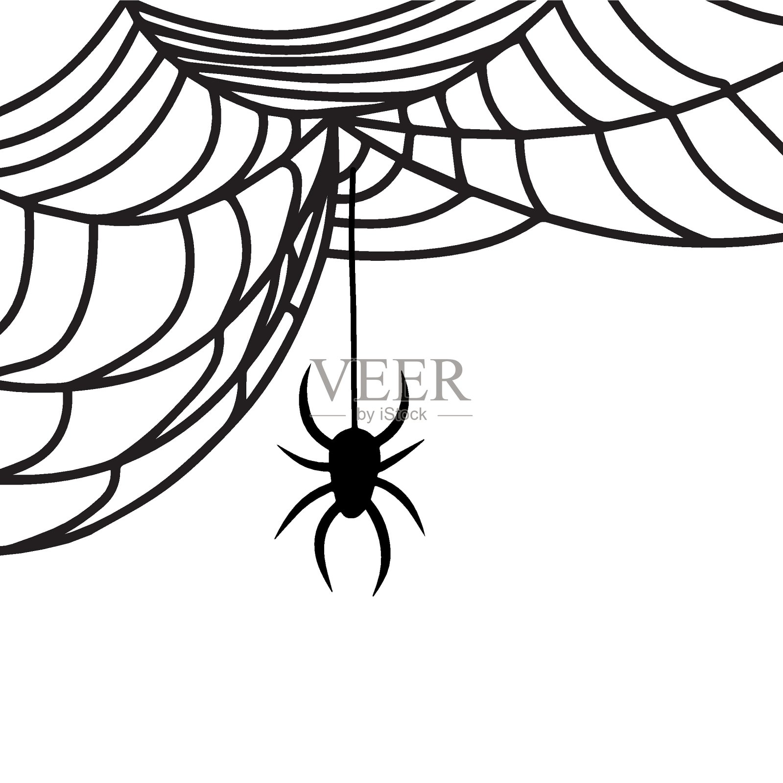 挂在网上的蜘蛛。万圣节蜘蛛网clipart贴纸,织物,打印。恐怖元素作为装饰。手绘蜘蛛网或蜘蛛织网。矢量插图孤立在白色背景插画图片素材