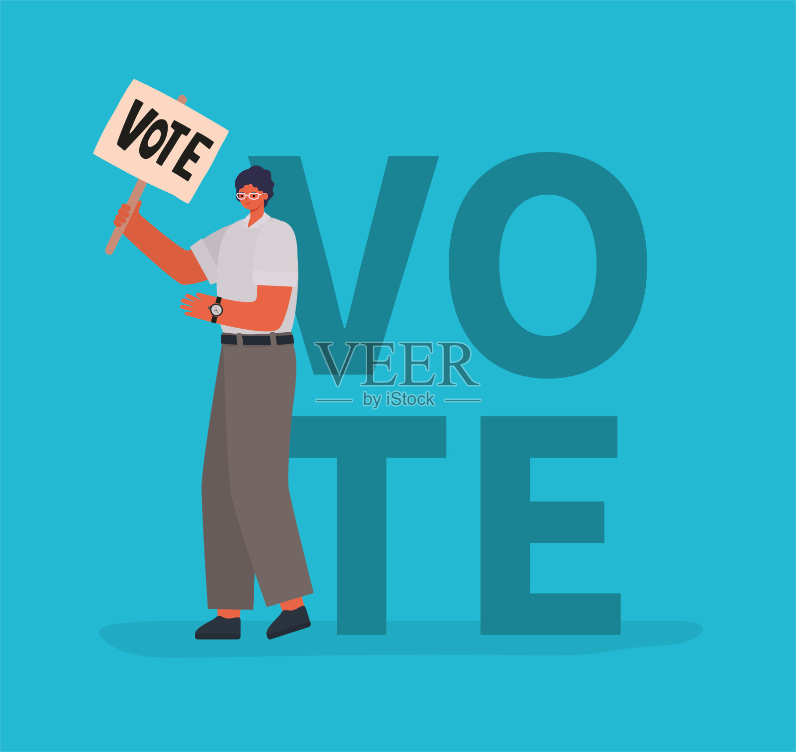 蓝色背景下手持投票banner的男人卡通矢量设计插画图片素材