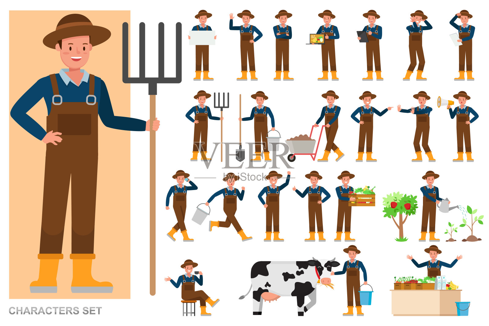 一套农民角色向量设计。表现在各种带有情绪的动作,跑步,站立和行走。插画图片素材