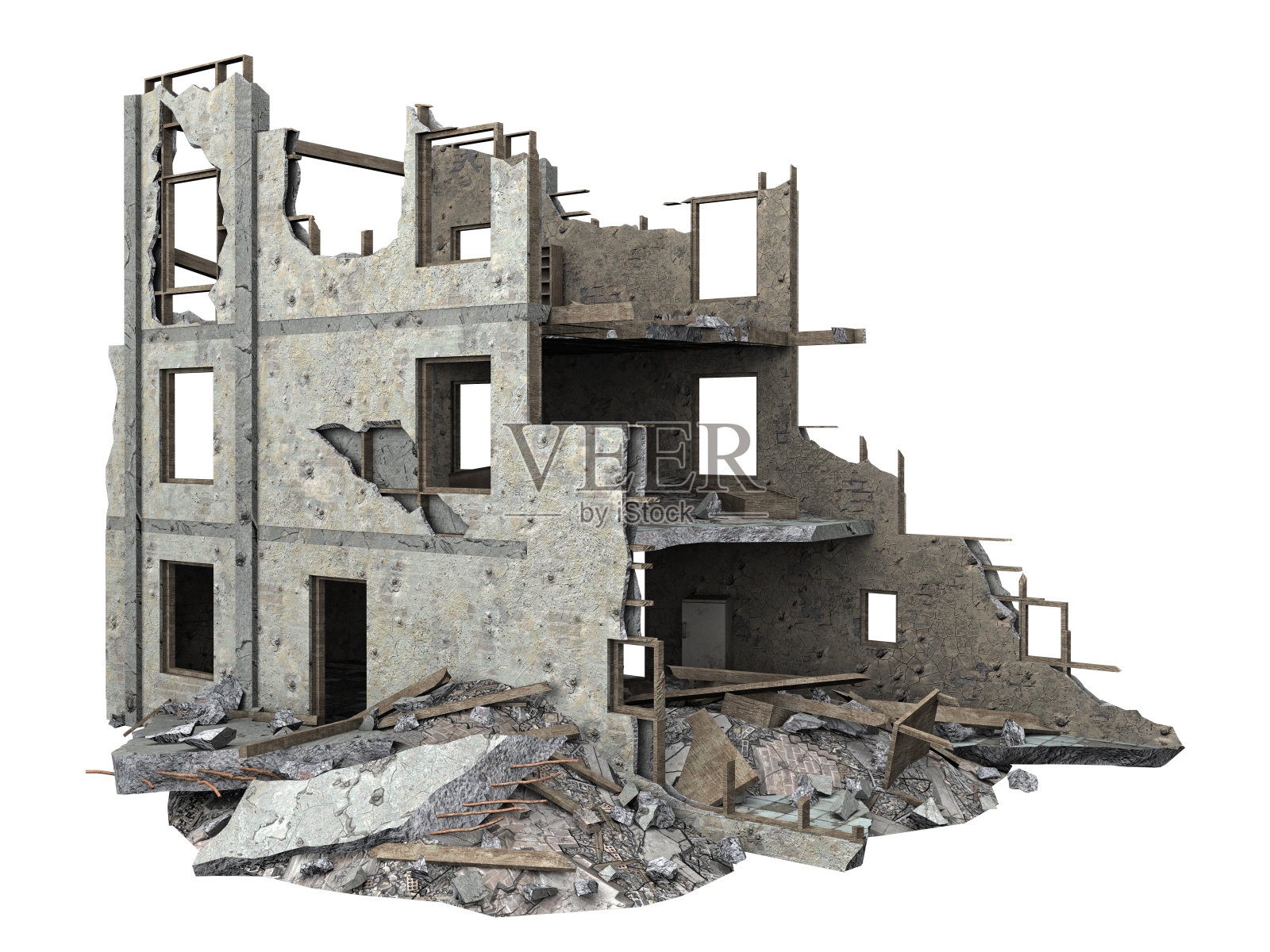 被毁的小建筑孤立在白色照片摄影图片