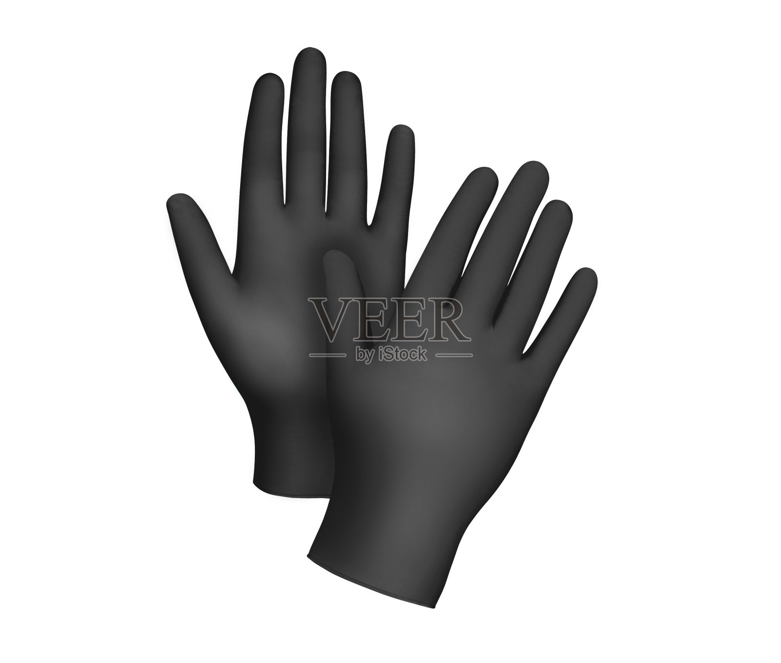 医疗丁腈手套。两只黑色手术手套被双手孤立在白色背景上。橡胶手套制造,人类的手是戴着乳胶手套的。医生或护士戴上防护手套照片摄影图片