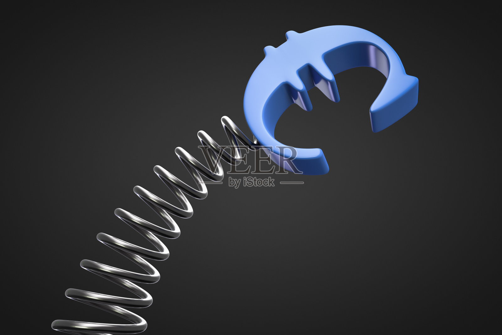 欧洲货币概念的波动性。欧元的货币符号在弹簧上摇摆。照片摄影图片