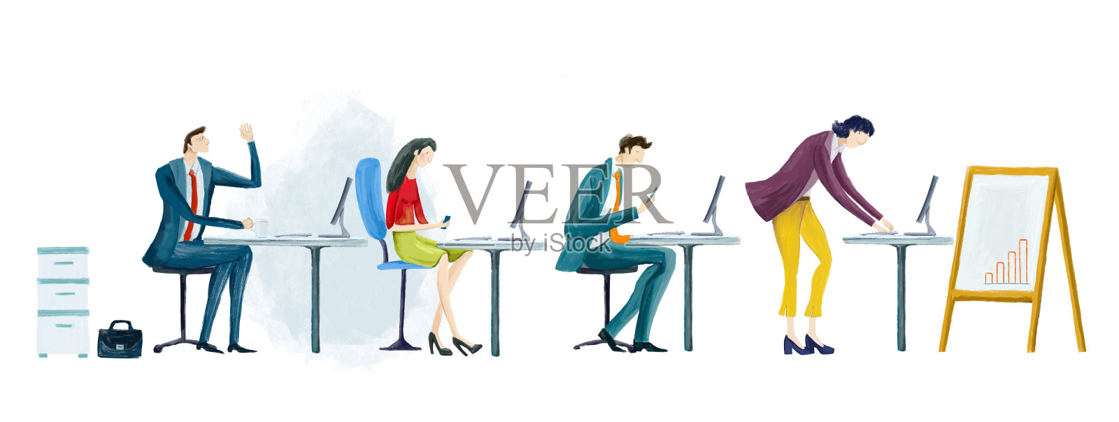 数字插图一大群商务人士在办公室的办公桌前工作。支持,业务规划,咨询。一起工作。经营理念插画图片素材