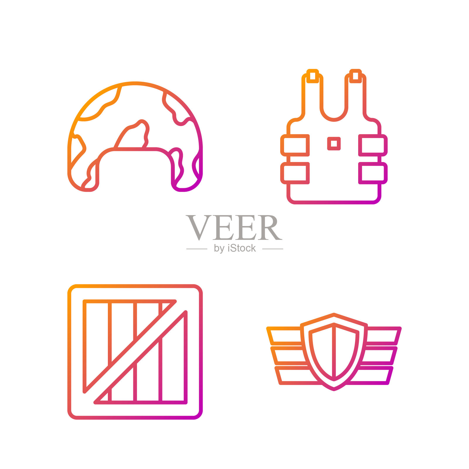 设行军事奖励勋章、军事弹药箱、军事头盔、防弹背心等。渐变颜色图标。向量图标素材