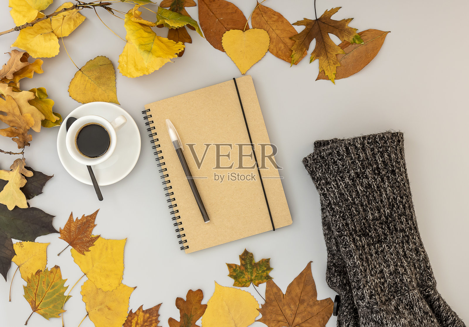 有笔记本,钢笔,秋叶和咖啡杯的工作空间。照片摄影图片