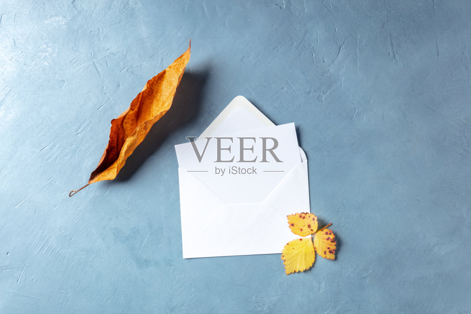 秋天的文具模型贺卡或邀请在一个信封,在头顶平躺拍摄照片摄影图片