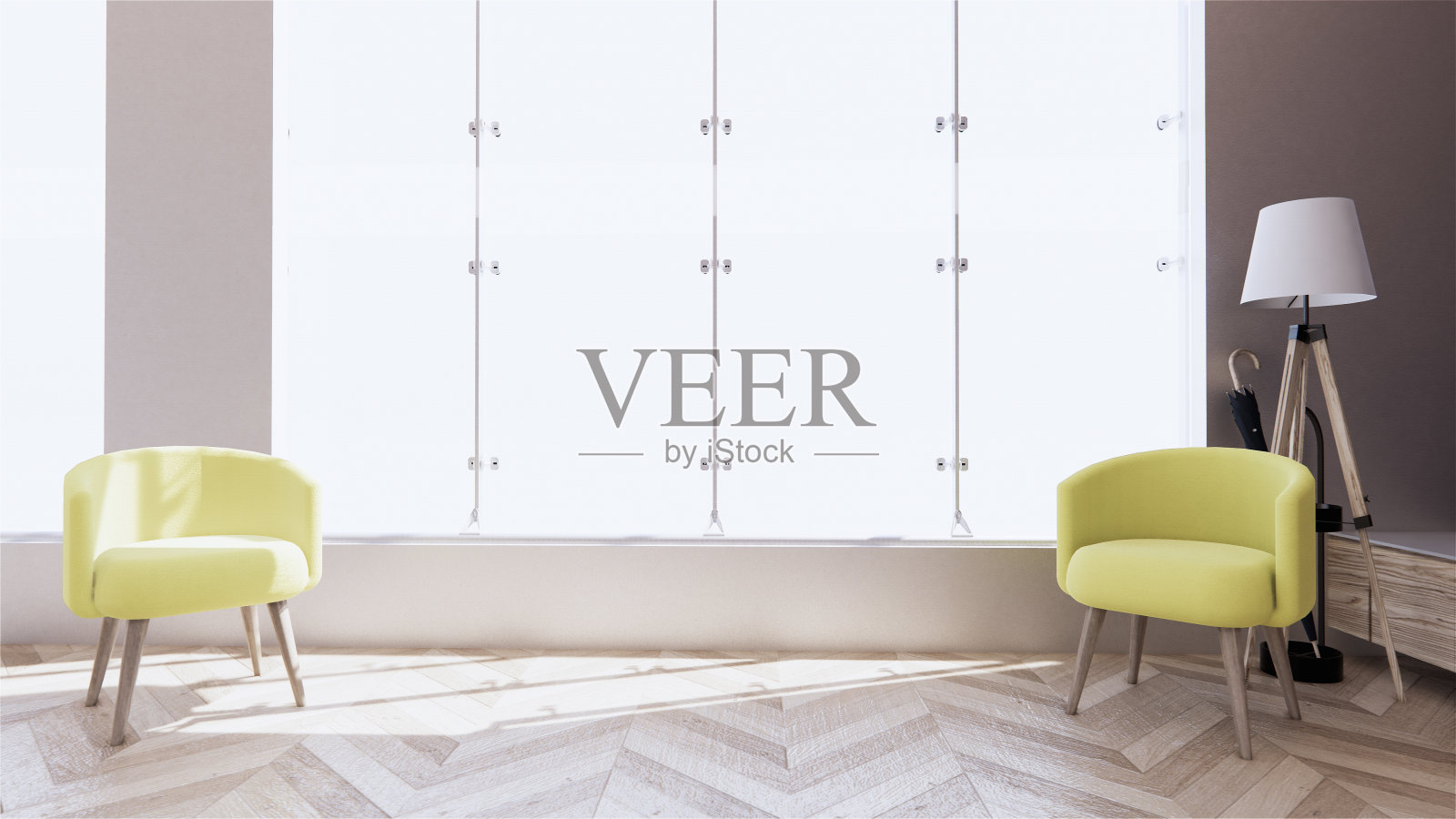 美丽的热带风格的房间有椅子直接放在房间之间,阳光照进房间。三维渲染照片摄影图片