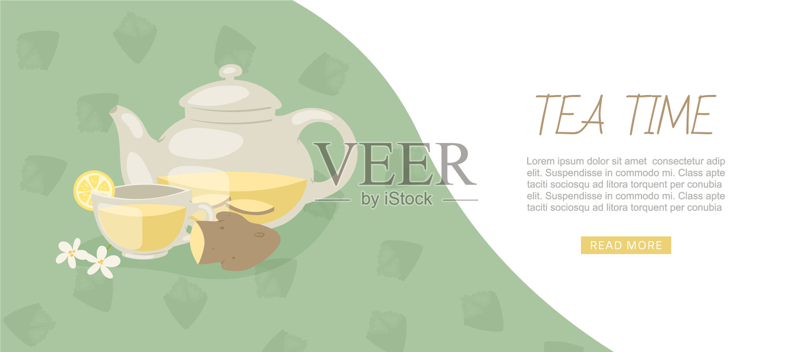 茶时间横幅与芳香的草药茶姜插画图片素材