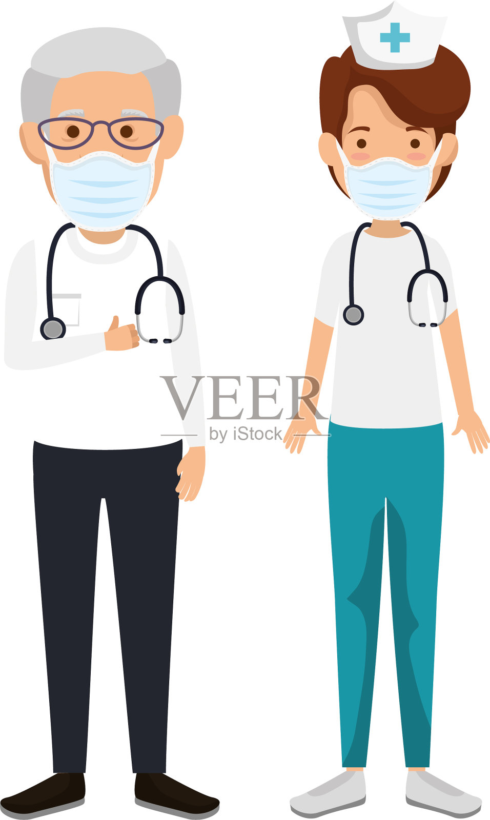 护士用口罩与老医生隔离插画图片素材