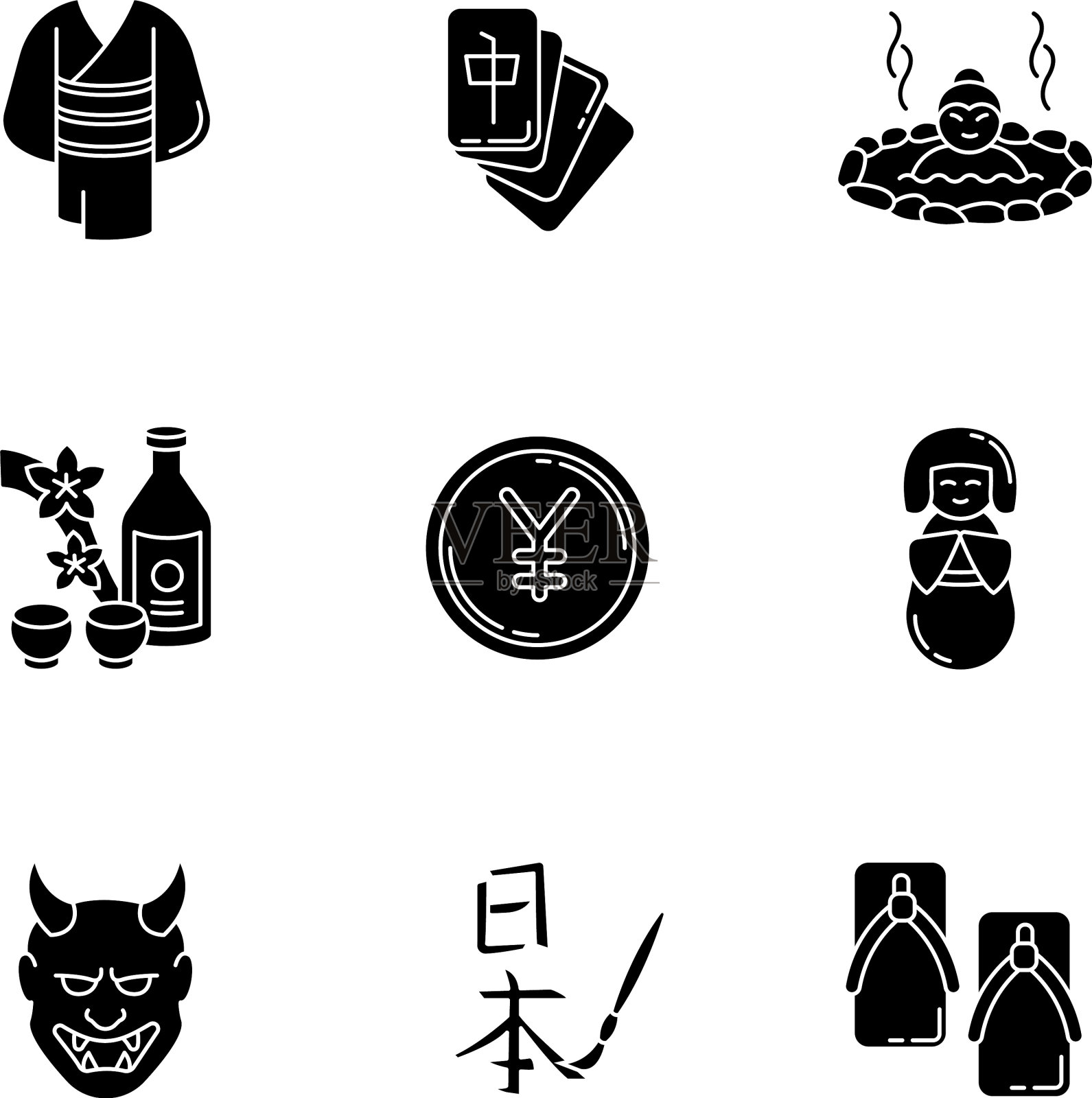 日本黑色象形文字图标设置在白色空间浴方图标素材