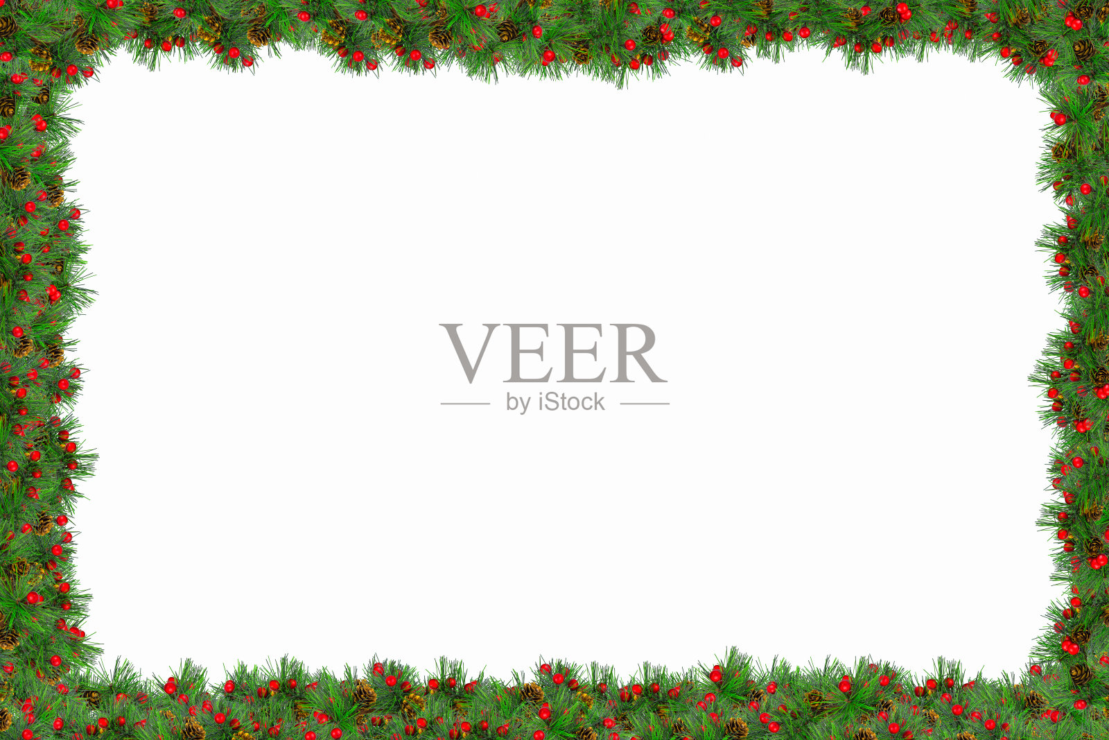 有球果和球的厚云杉枝位于白色背景的边缘,云杉枝的框架。照片摄影图片