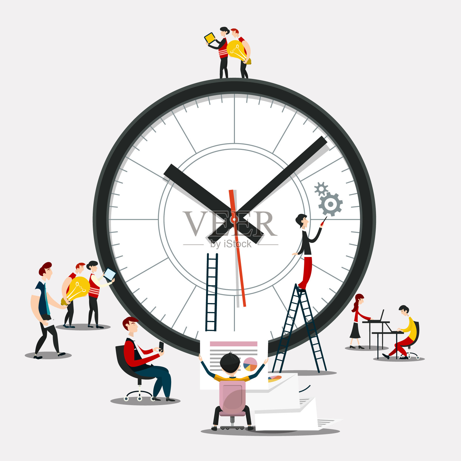 创意团队与大型模拟时钟插画图片素材