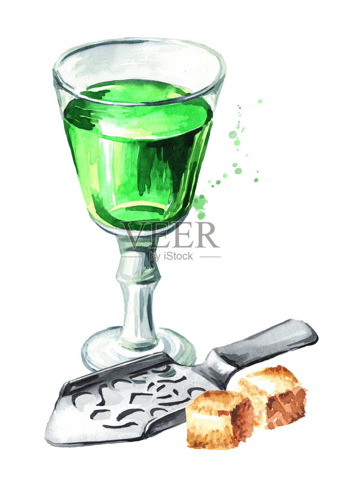 酒精饮料苦艾酒在玻璃杯和勺子与糖,苦艾酊剂。手绘水彩插图孤立的白色背景插画图片素材