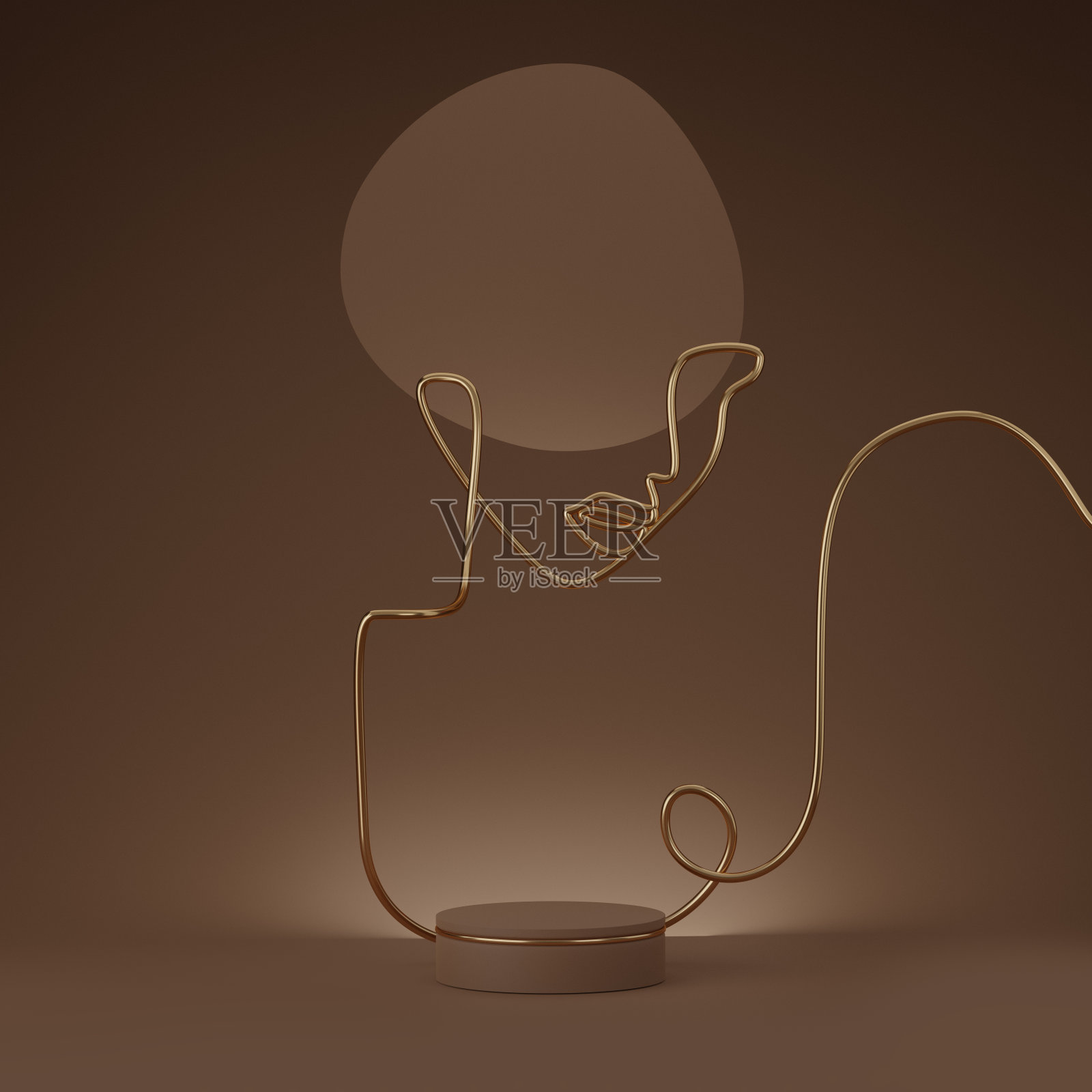 3d基座基座上的棕色背景。黑色的展示与黄金元素的美容产品,化妆品展示。美国黑人女性抽象线条艺术肖像。最小自然3D渲染模型场景照片摄影图片