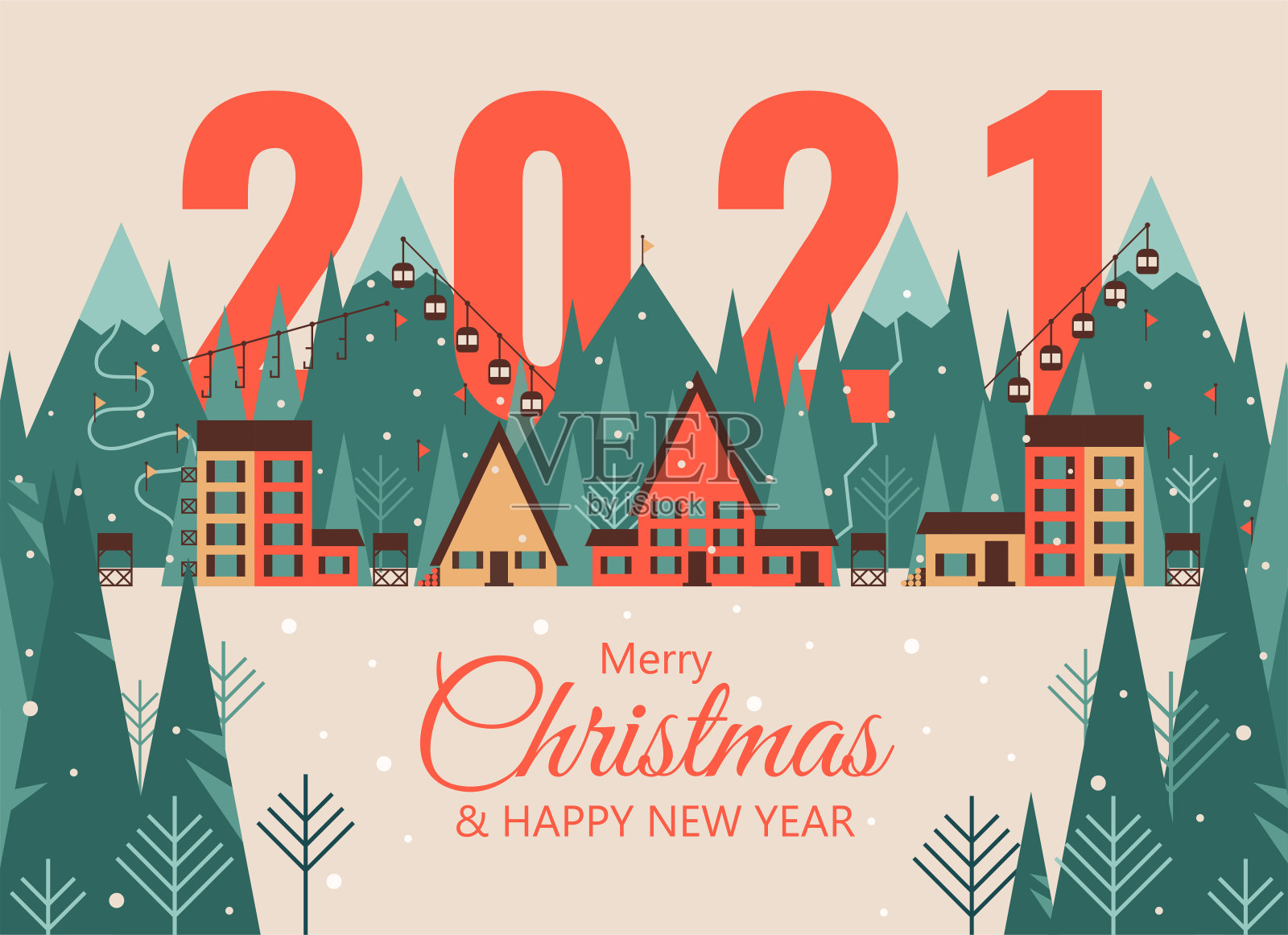 冬季景观与雪场小镇的降雪。有滑雪缆车和滑雪道的山村,乡村别墅,冷杉树。插画图片素材