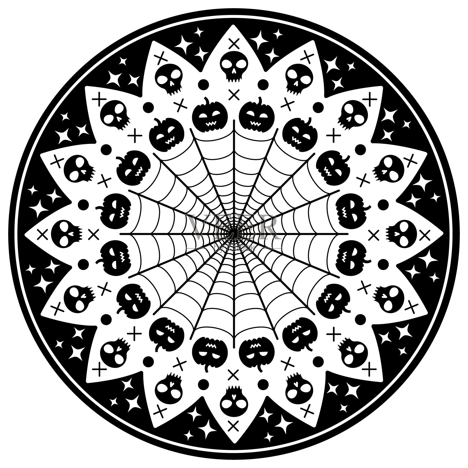 万圣节圆曼荼罗卡与头骨和南瓜。插画图片素材