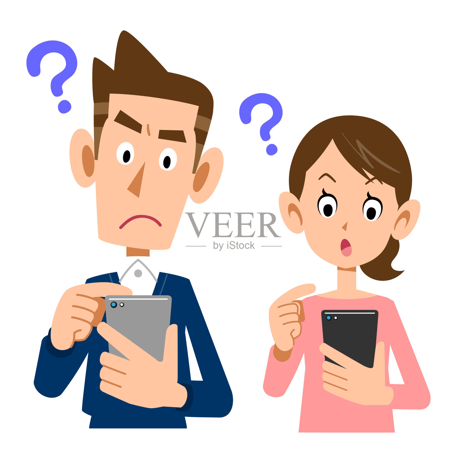 一对年轻夫妇在操作表情可疑的智能手机插画图片素材