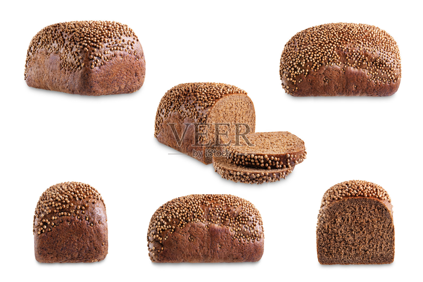 撒有香菜的黑麦面包,点缀在孤立的白色背景上照片摄影图片