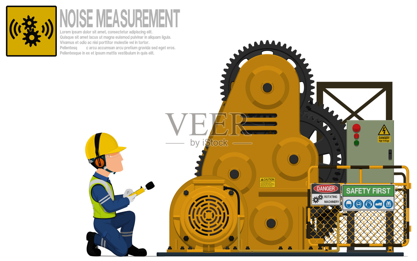 一位产业工人正在测量轧辊机的声级插画图片素材