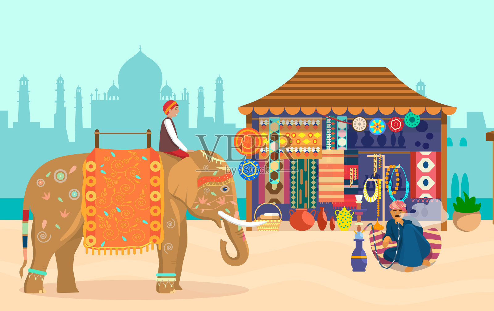 印度风景与大象骑和人抽水烟插画图片素材