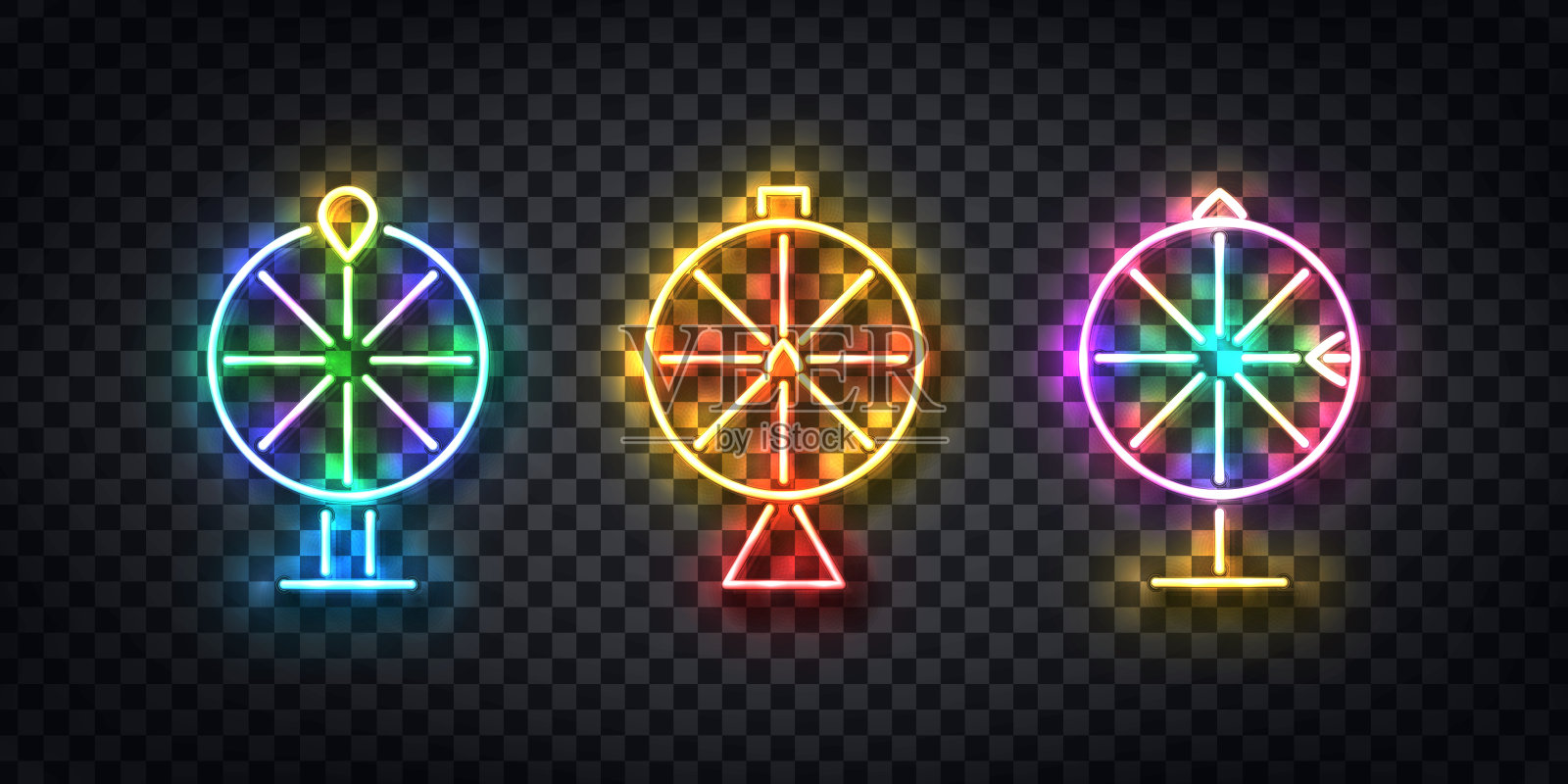 向量组现实孤立的霓虹灯标志的车轮标志模板装饰和覆盖在透明的背景。插画图片素材