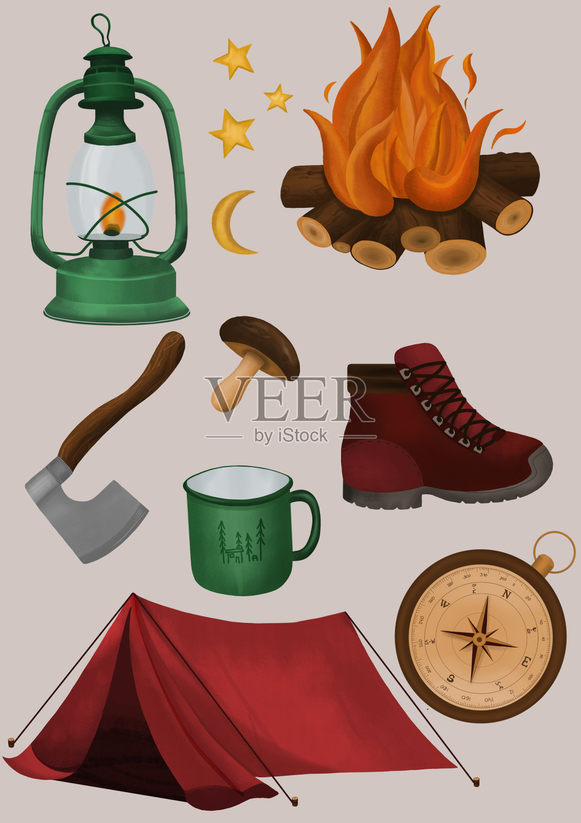 登山,户外旅行和运动必备的打包,衣服和配件俯视图。插画图片素材