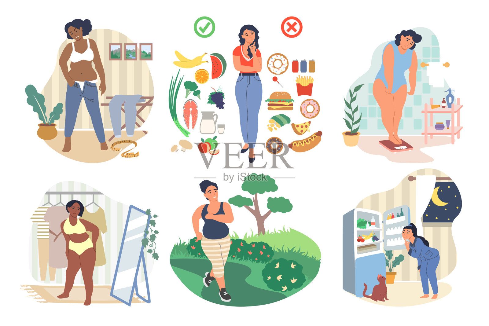 超重女性性格设定扁平图标素材