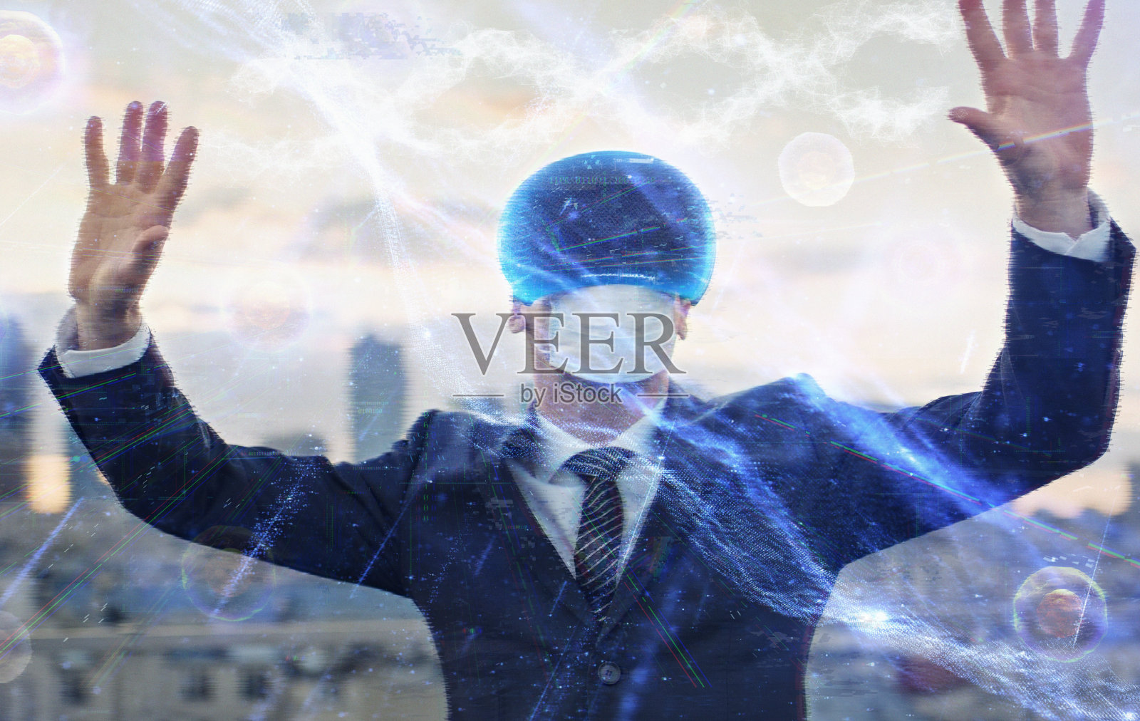 虚拟世界中的商人。屋顶上的虚拟DNA研究照片摄影图片