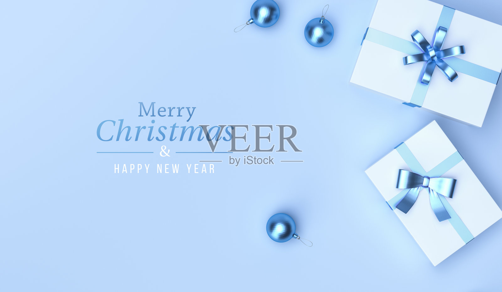 礼物和圣诞球在顶视图上的蓝色工作室背景。为贺卡,设计海报设计和网站。三维渲染照片摄影图片