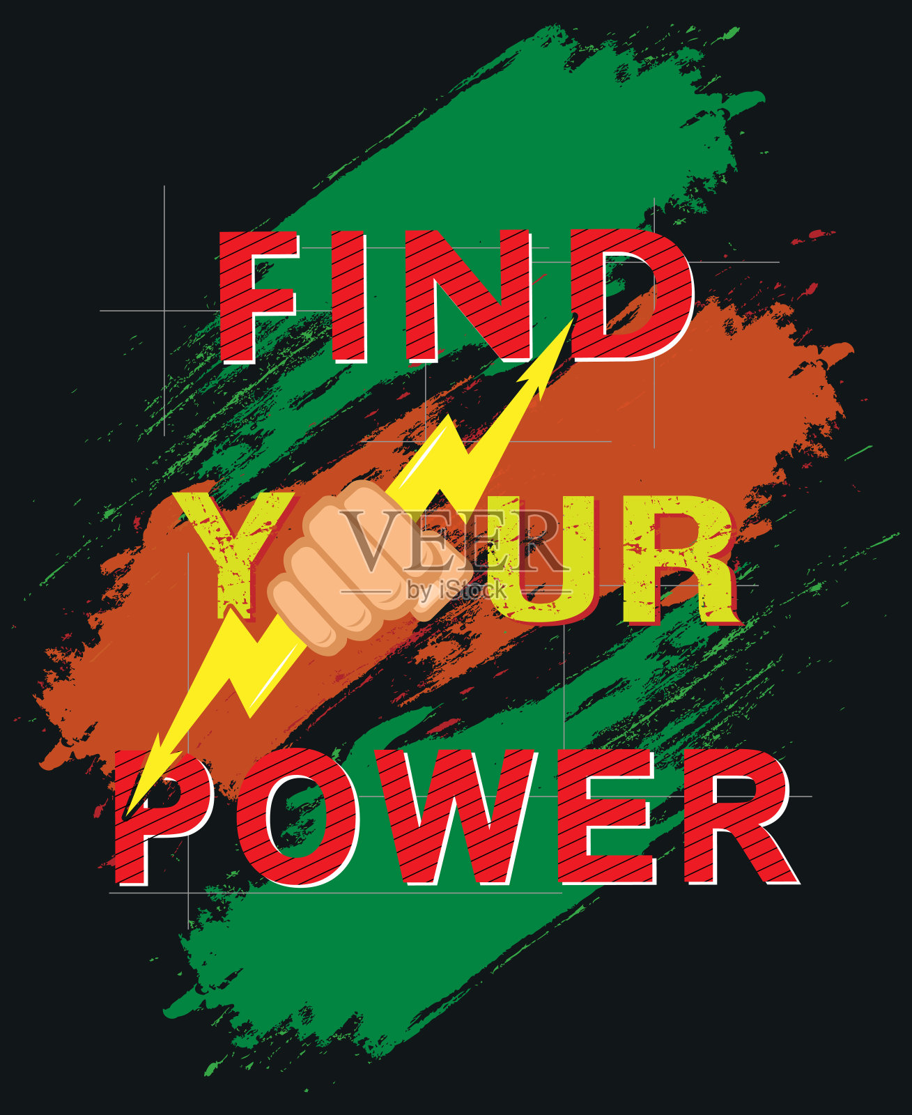 找到你的力量排印与拳头和雷矢量插图,为t恤和海报设计。插画图片素材