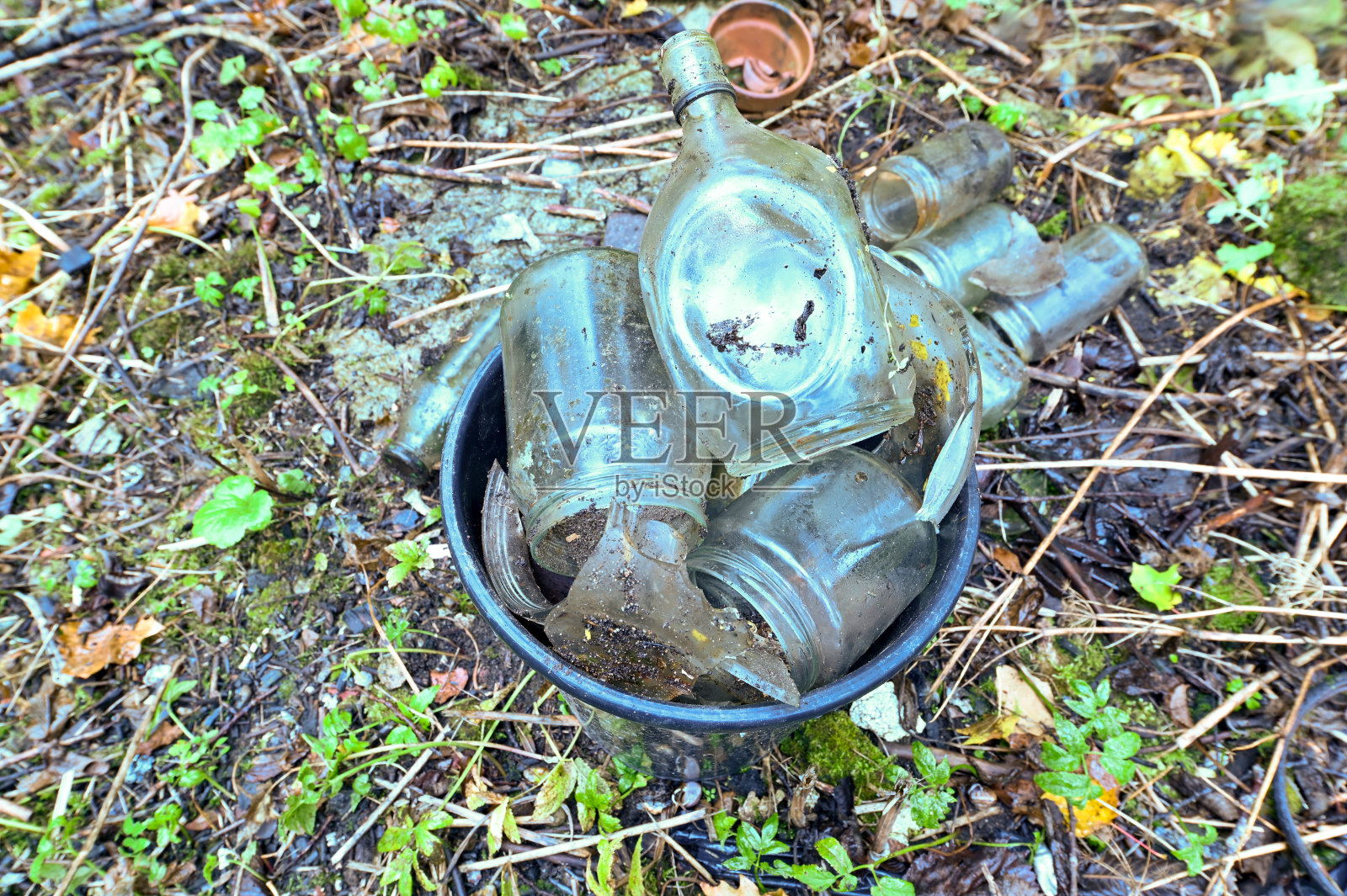 装满玻璃瓶和玻璃瓶的水桶照片摄影图片