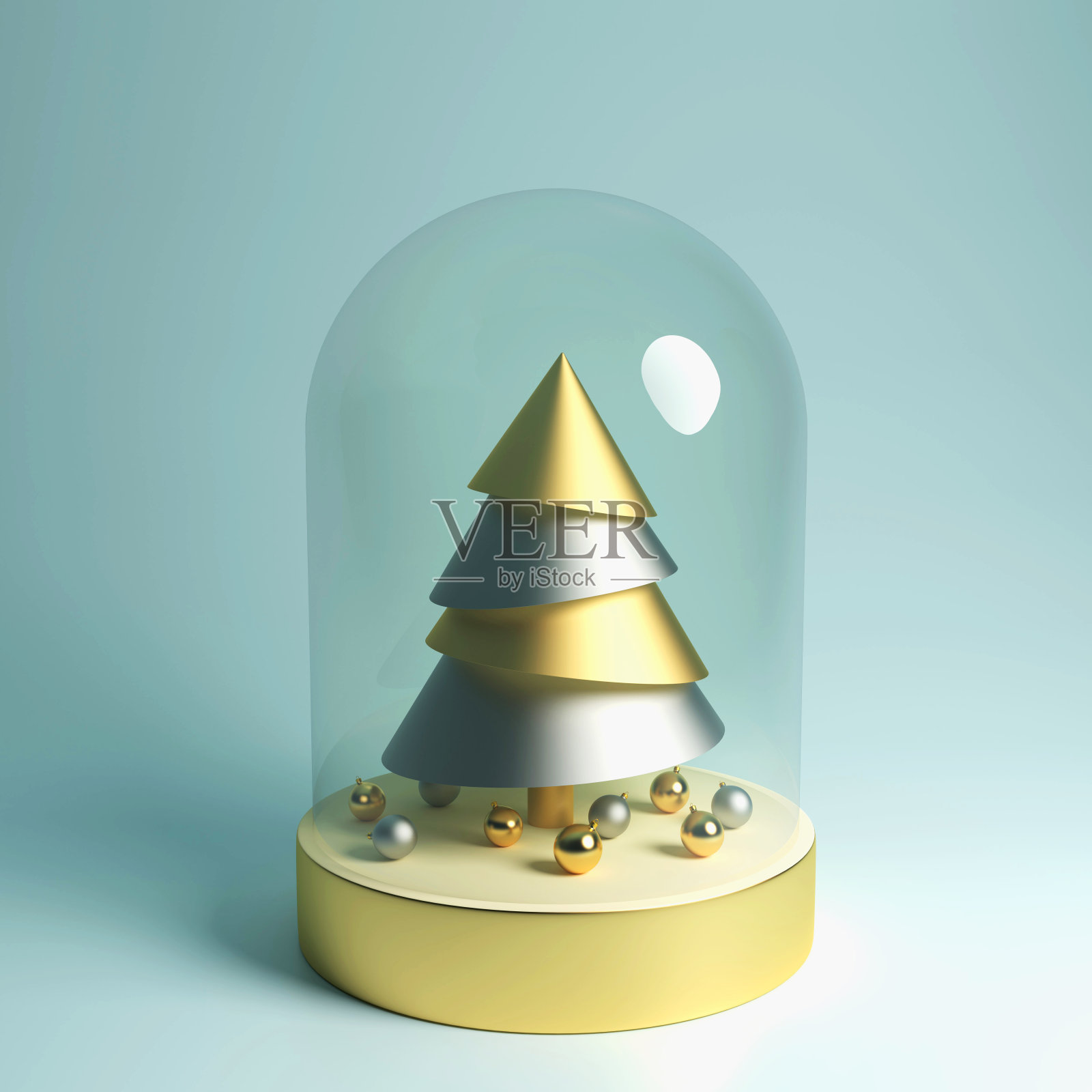 圣诞雪球与金杉树和圣诞球里面,一个逼真的3D插图,贺卡与快乐的新年照片摄影图片