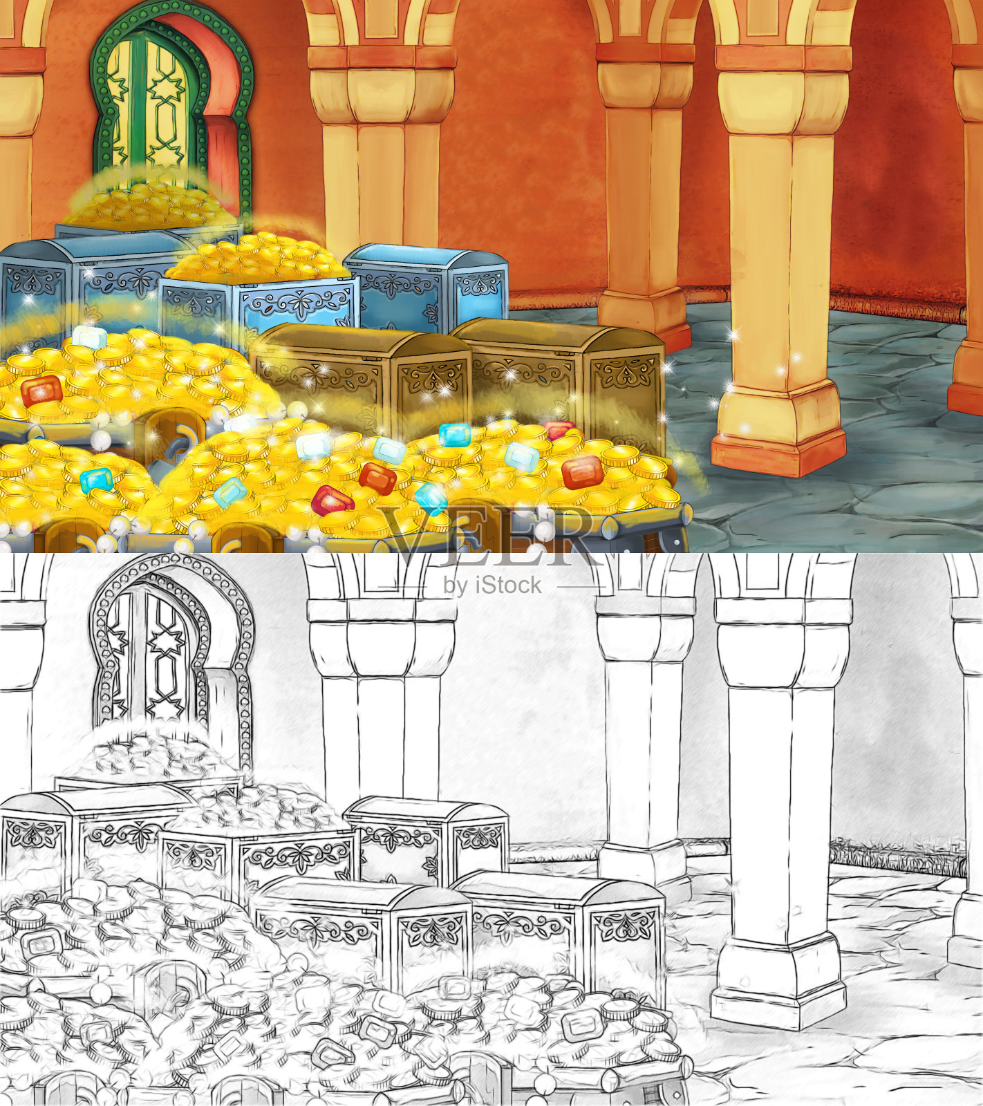 卡通素描场景与中世纪阿拉伯房间宝物-远东饰品-舞台的不同用途-插图插画图片素材