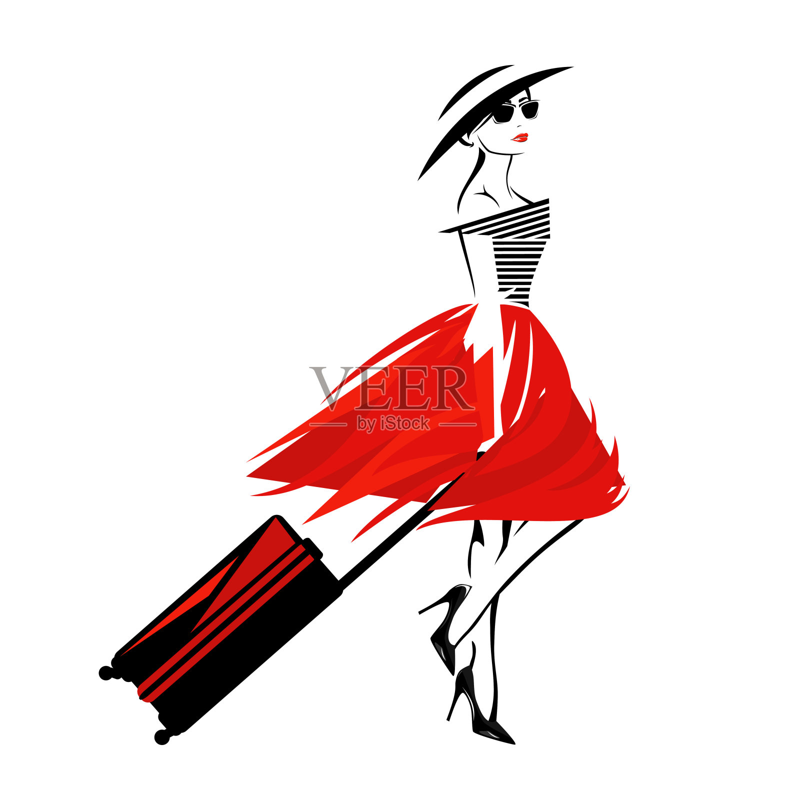 矢量肖像的女人旅行者与行李穿着时尚的衣服插画图片素材