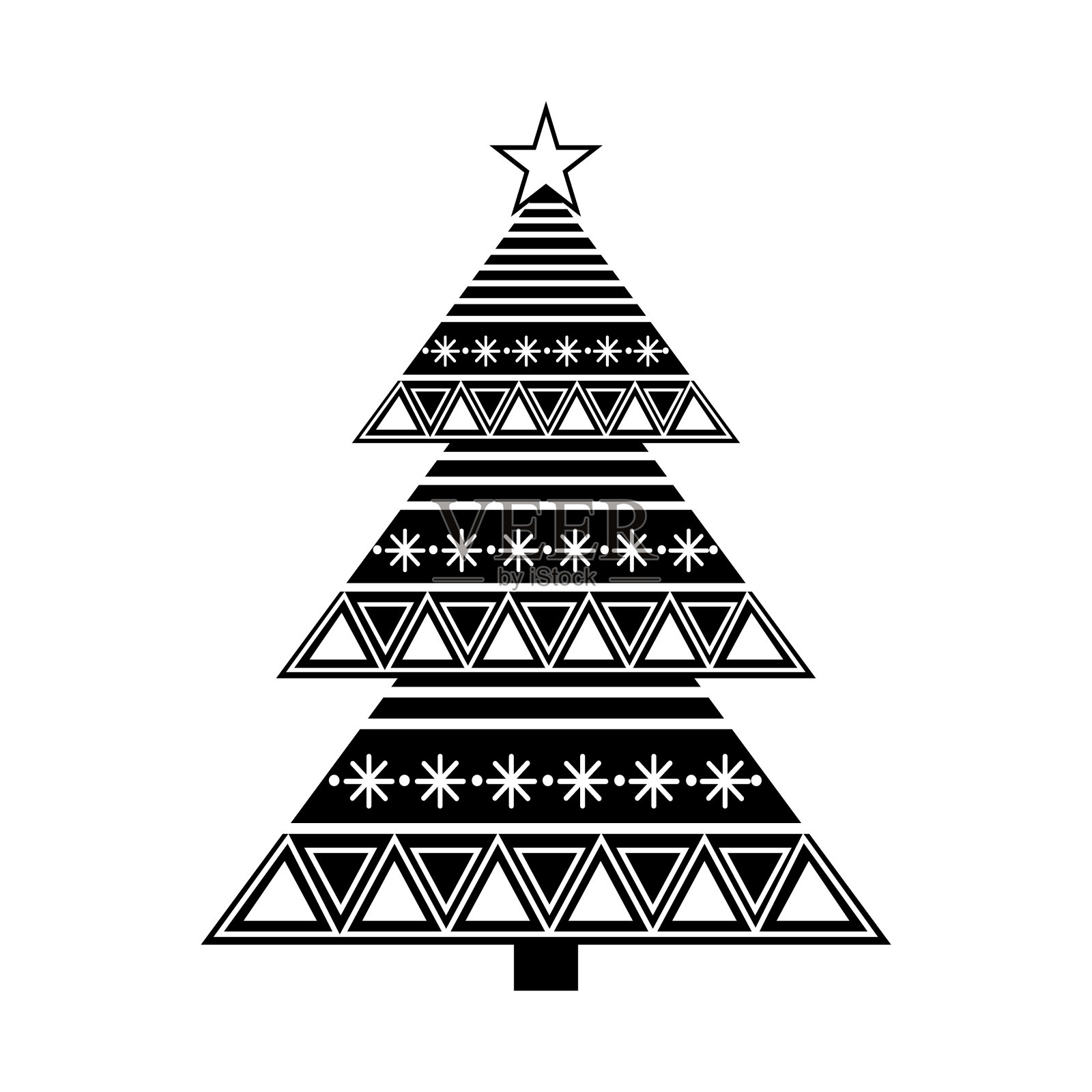 黑色圣诞树与白色装饰和星星,矢量孤立插图在平面风格,模具,图标,图标,装饰,横幅,设计,剪纸插画图片素材