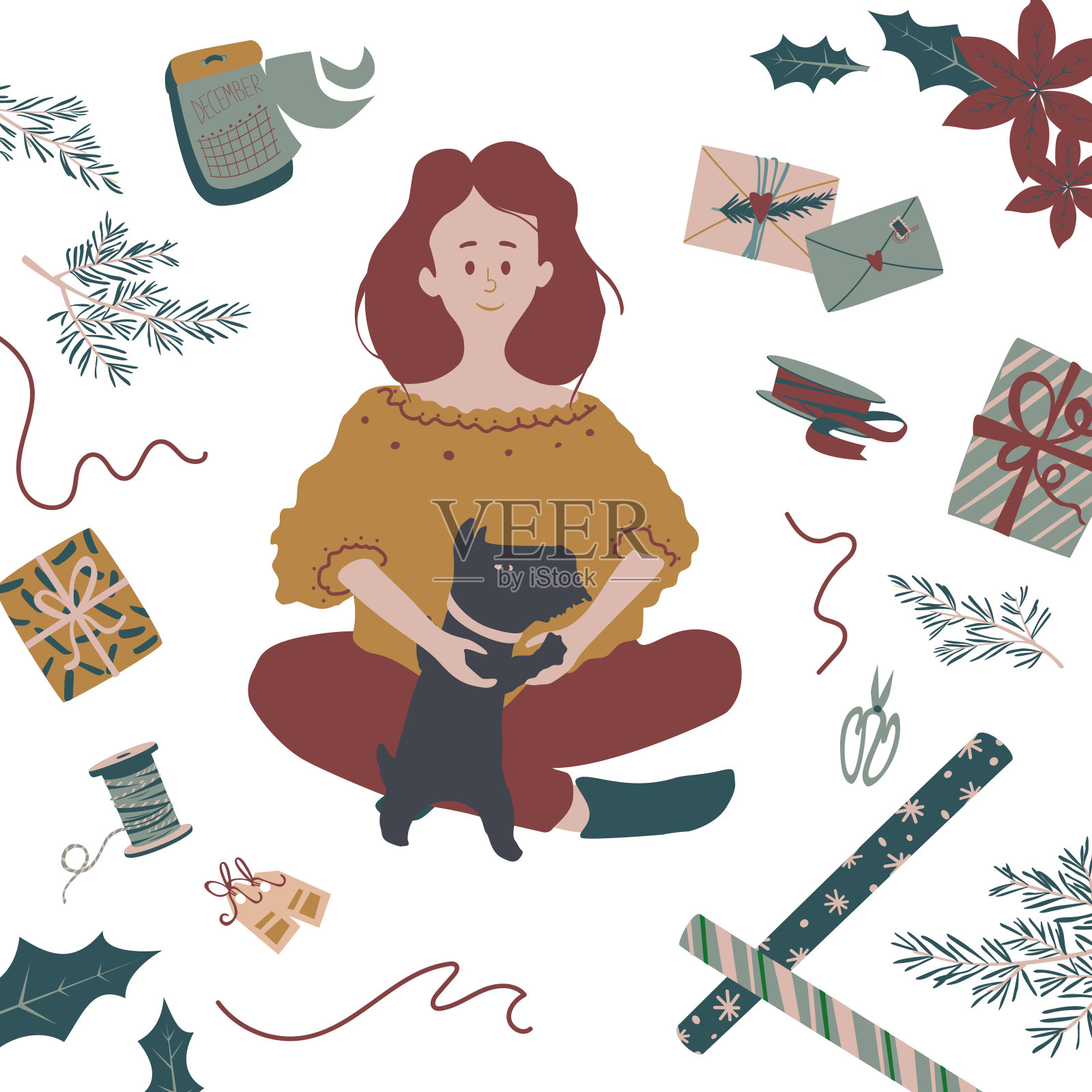 圣诞女孩和狗插画图片素材