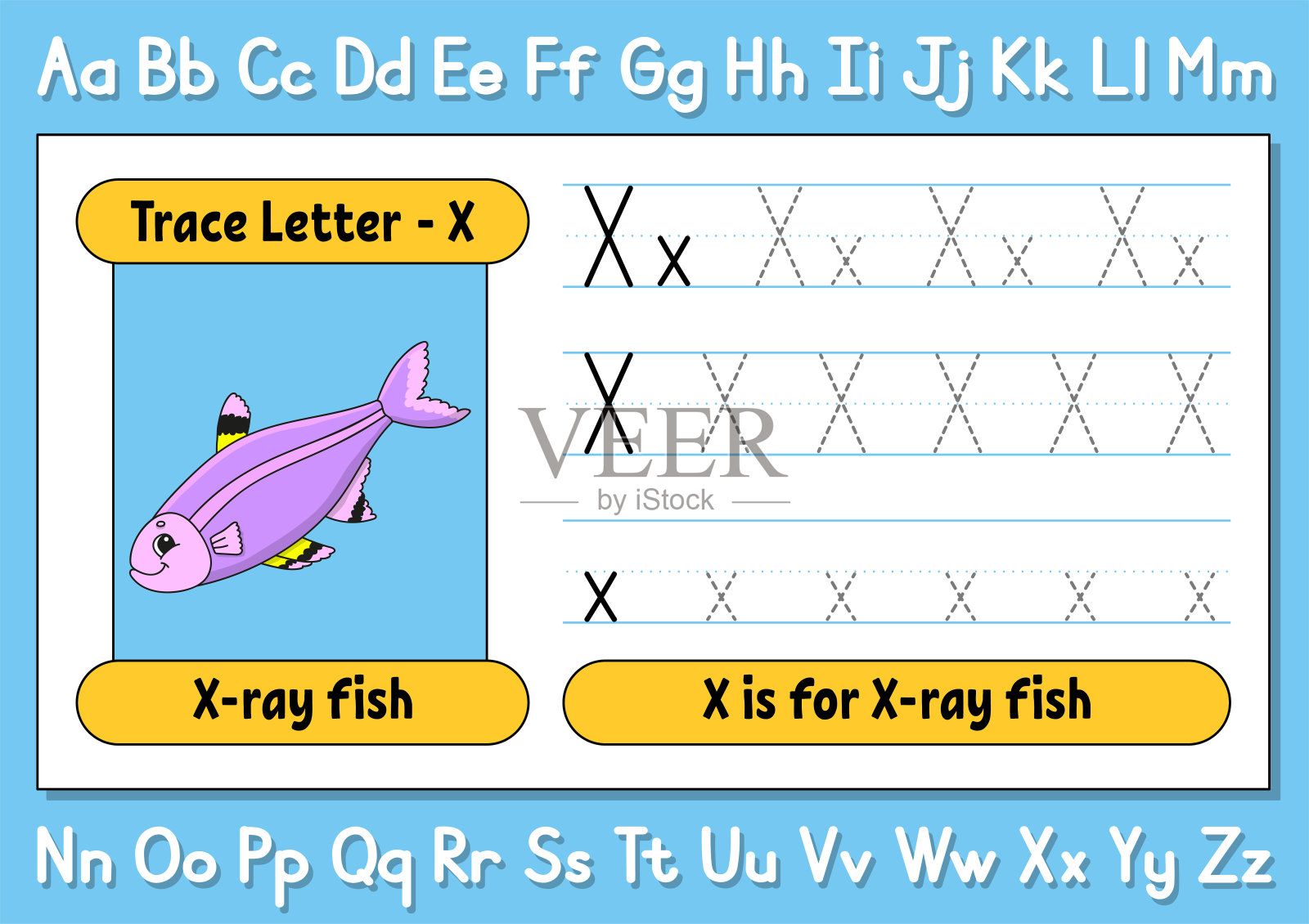 跟踪信。写作练习。儿童跟踪工作表。学习字母表。可爱的性格。矢量插图。卡通风格。插画图片素材