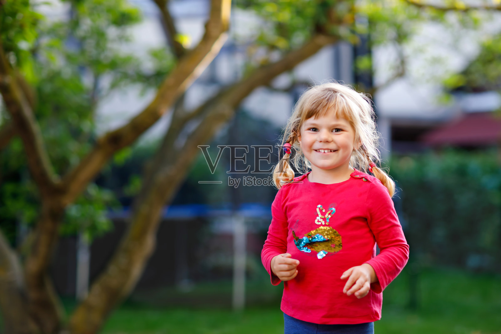 可爱的三岁小女孩的肖像。漂亮的金发宝宝看着镜头微笑着。快乐的健康的孩子。照片摄影图片