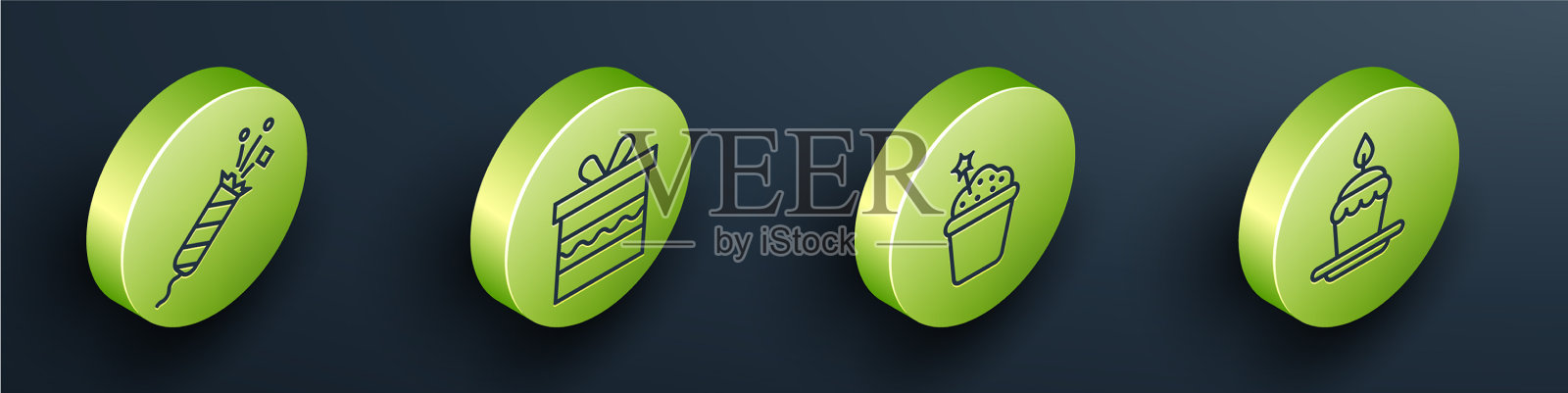 设置等距烟花火箭礼盒蛋糕和图标素材