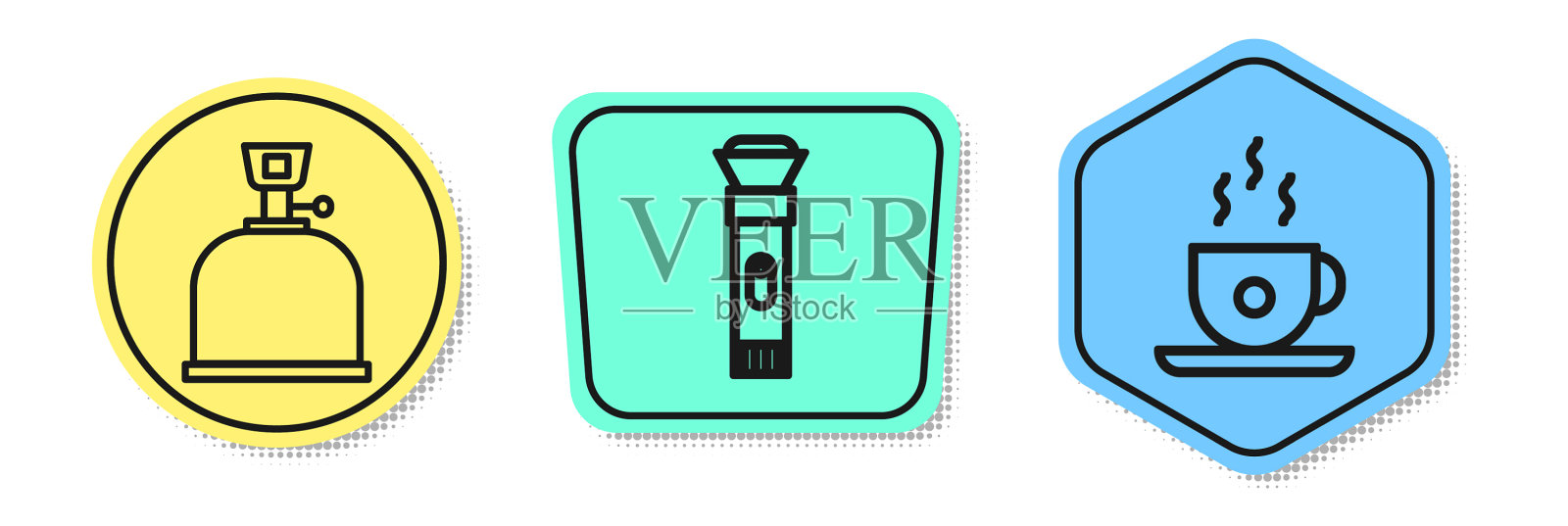 露营线设煤气炉、手电筒和咖啡图标素材