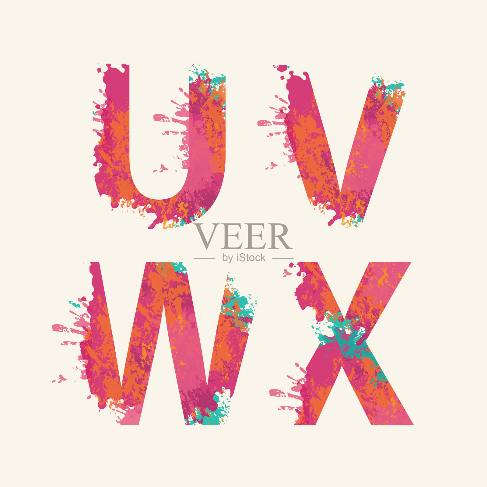带有色斑的抽象字母U V W X插画图片素材