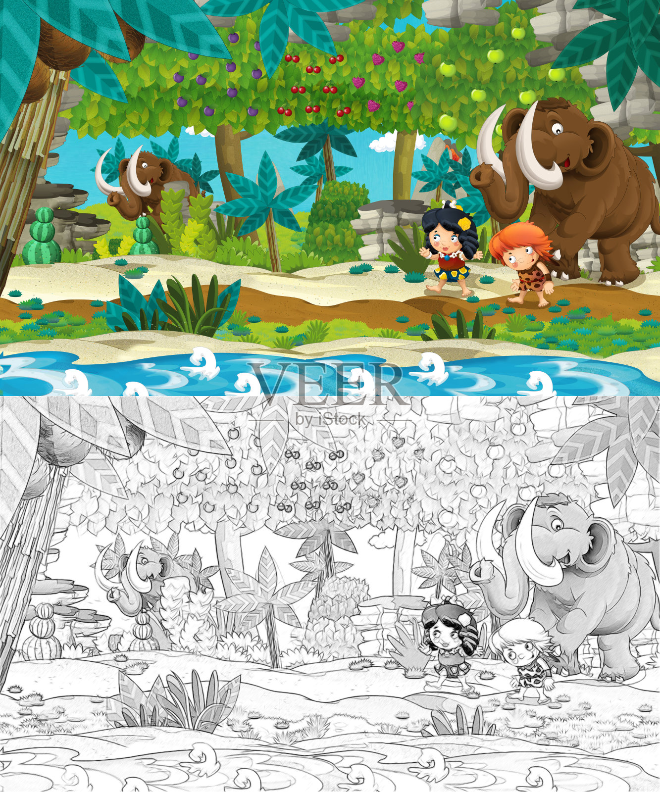 卡通速写场景在河边或小溪附近的丛林中,舞台上没有人插画图片素材