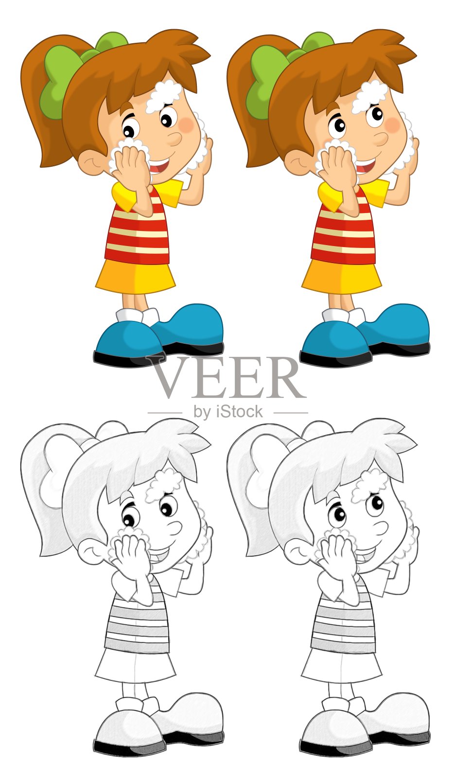 卡通素描女孩洗在白色的背景-插图设计元素图片