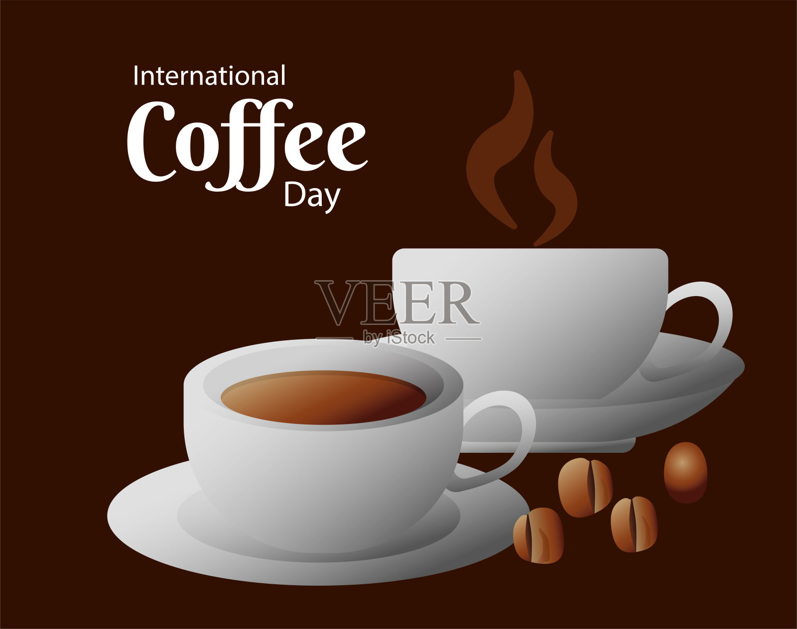 国际咖啡日海报,陶瓷杯和豆子设计元素图片