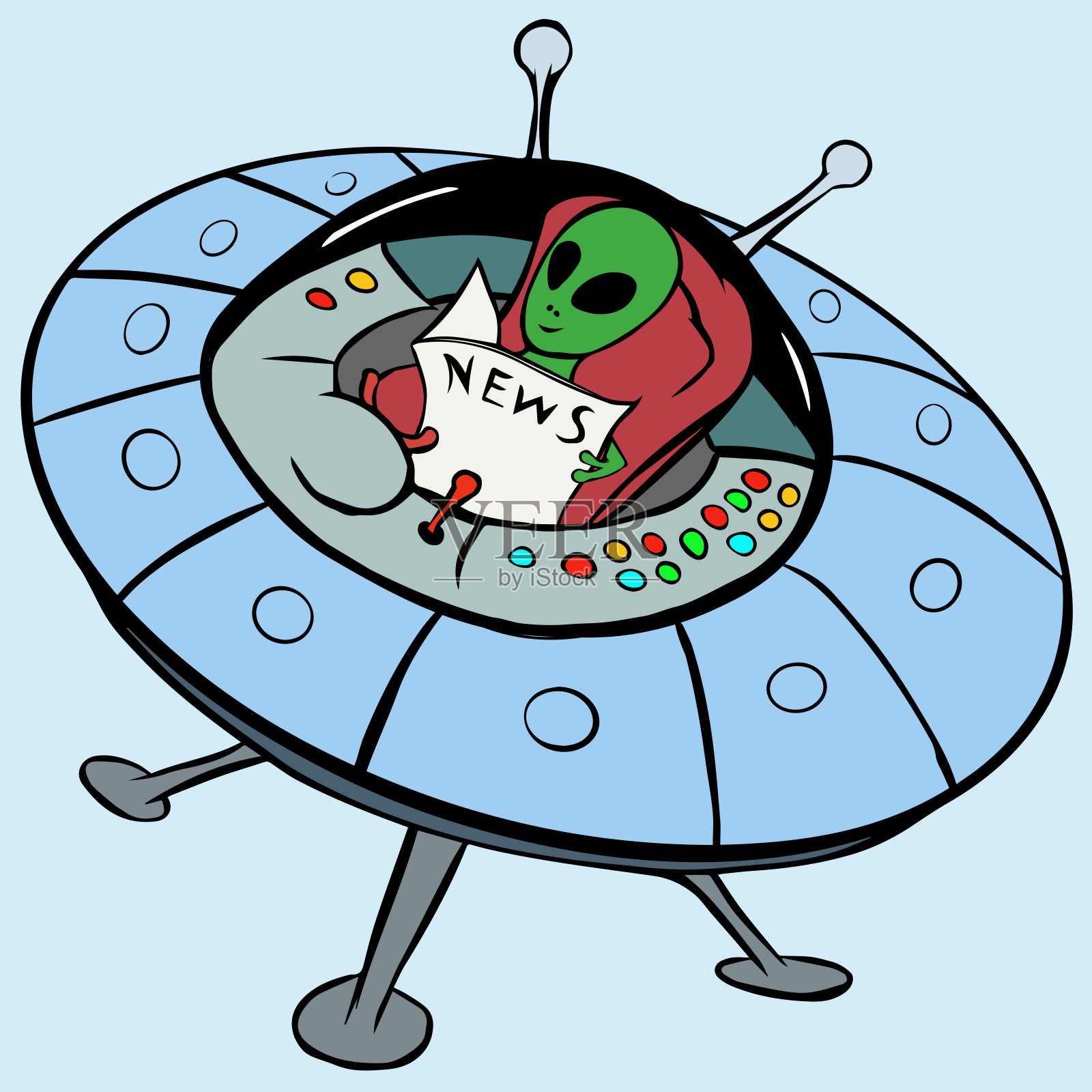 微笑的绿色外星人坐在飞碟和阅读报纸插画图片素材