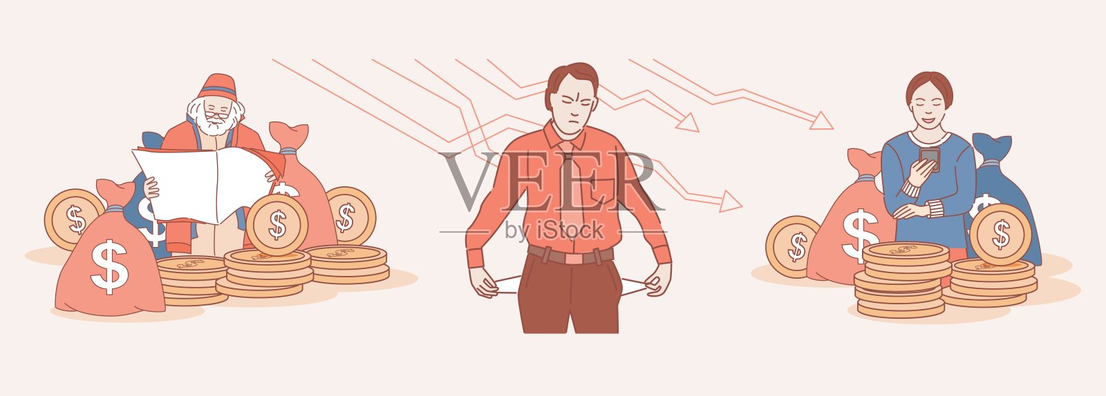 经济成功与破产矢量卡通概要插图。插画图片素材