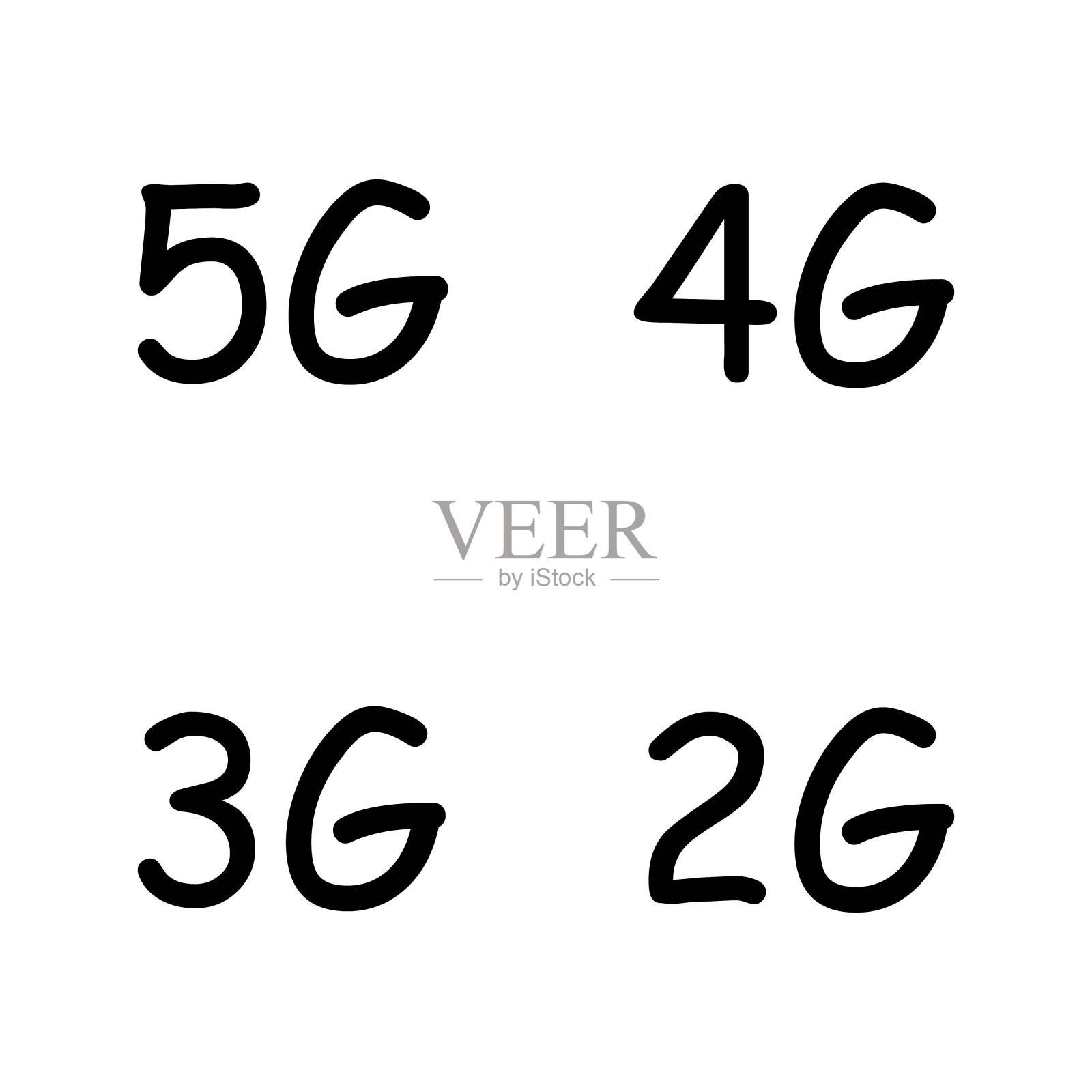 背景上独立设置5G, 4G, 3G, 2G矢量符号-新的移动通信技术和智能手机网络图标,用于网站,ui,移动应用程序,横幅。插画图片素材