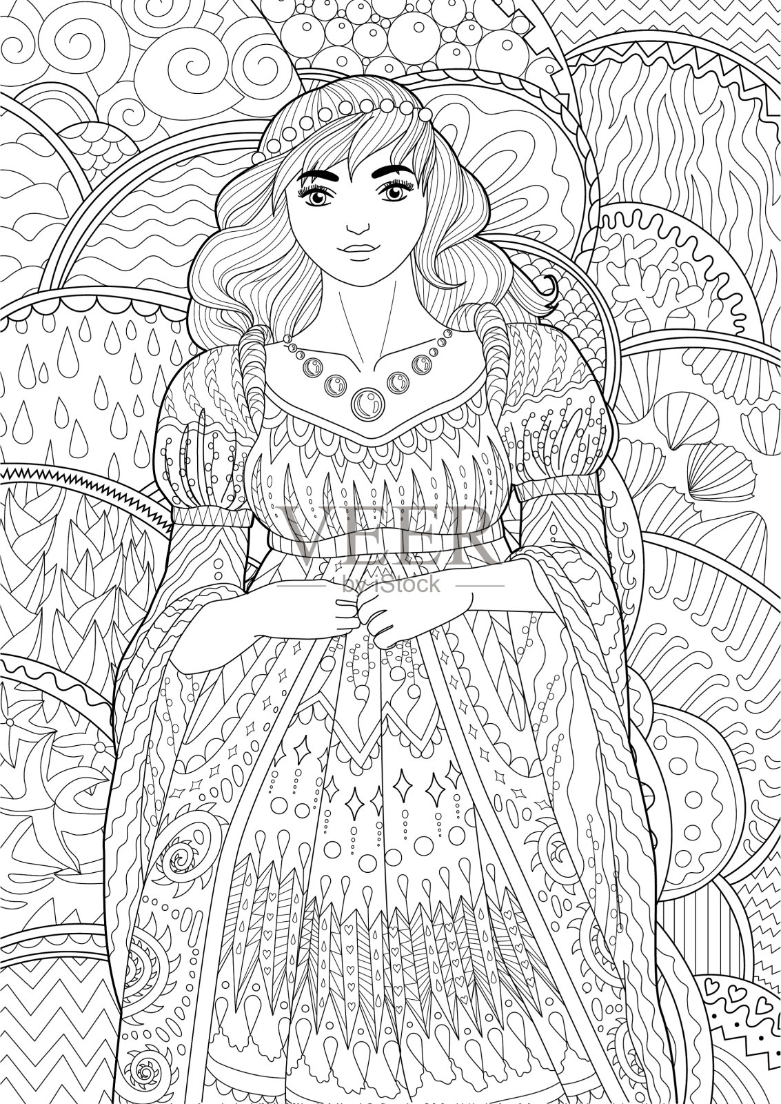 成人涂色书与中世纪女士插画图片素材