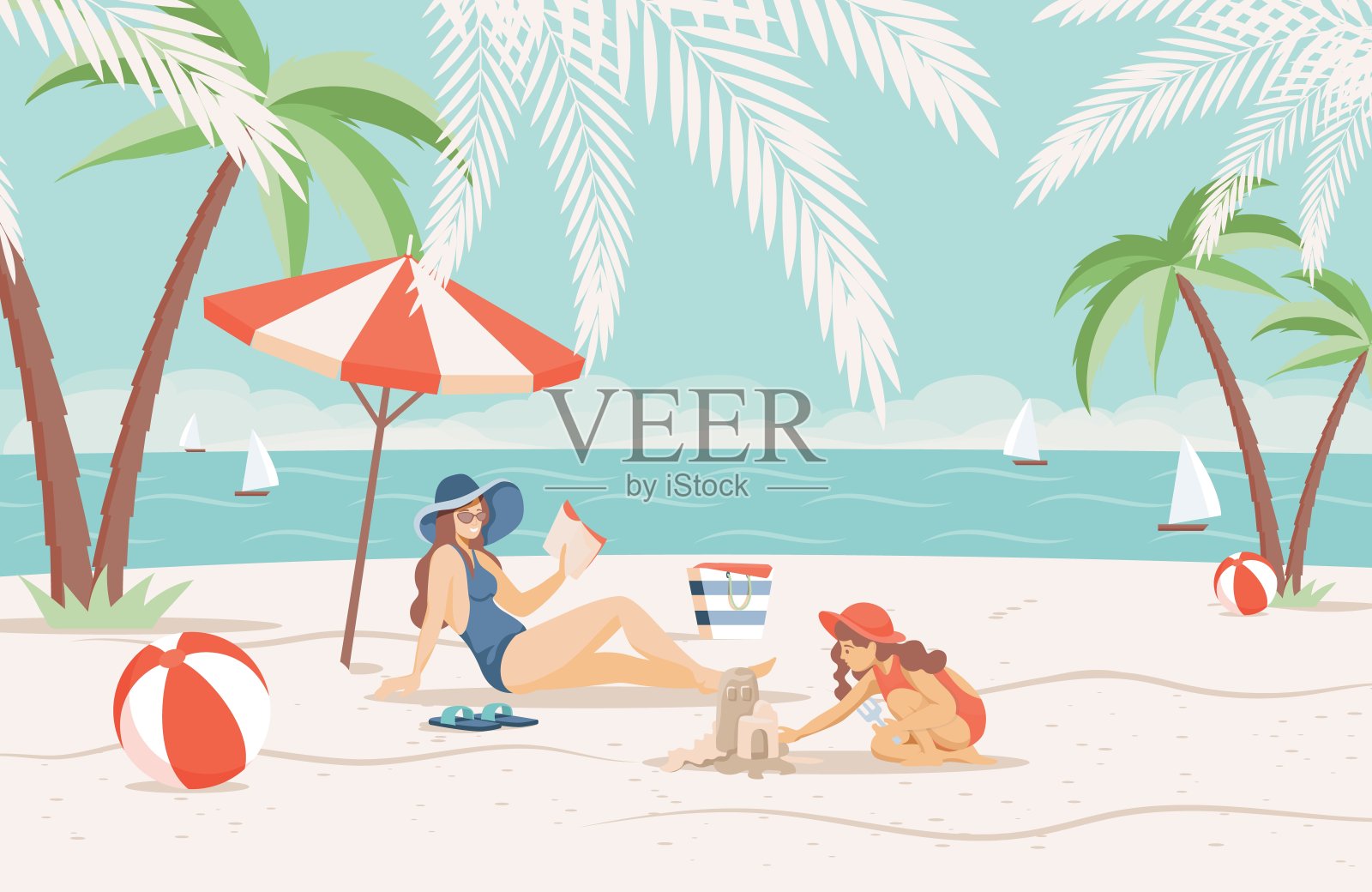 母亲和女儿花暑假在沙滩附近的海矢量平面插图。插画图片素材