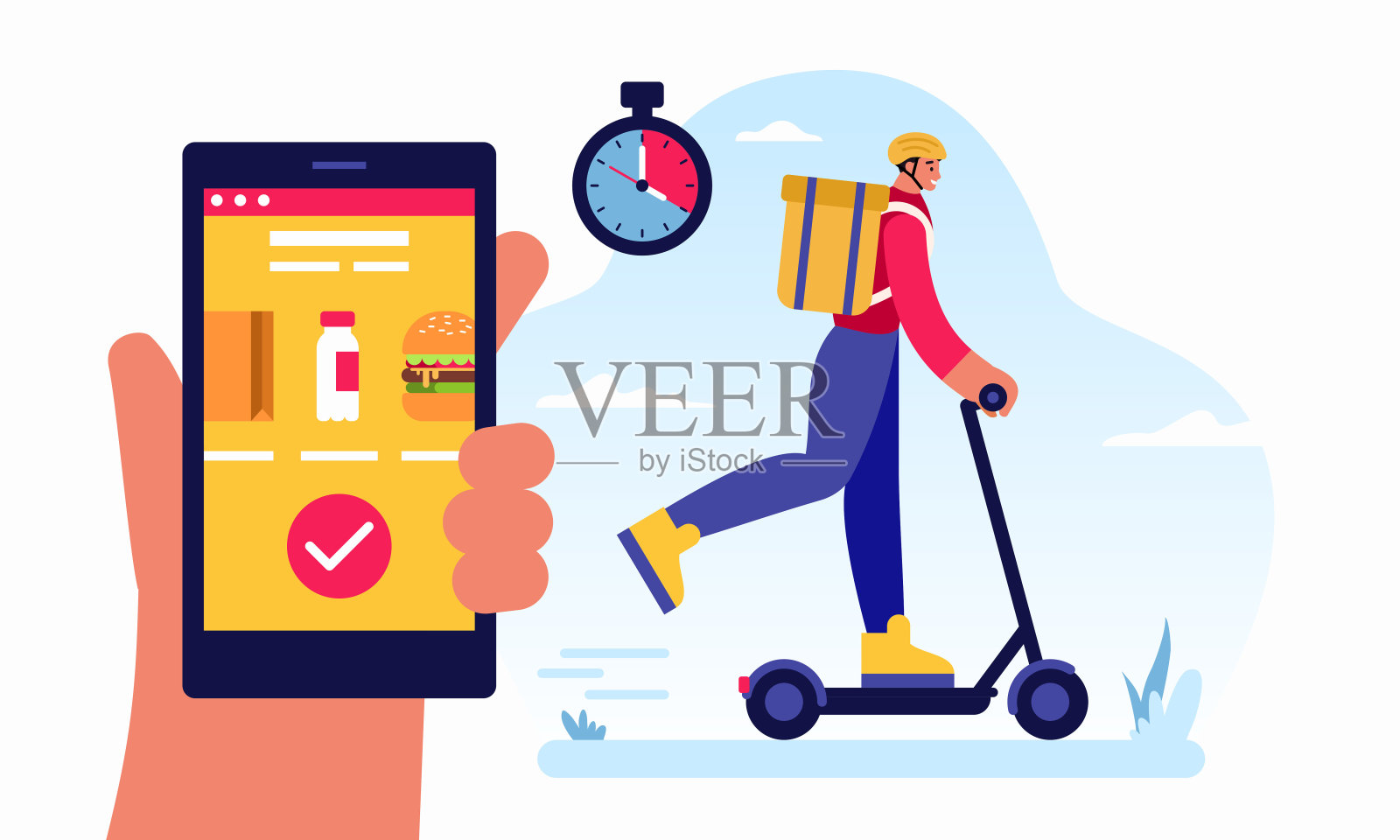 快递员骑着滑板车递送通过应用程序订购的杂货插画图片素材